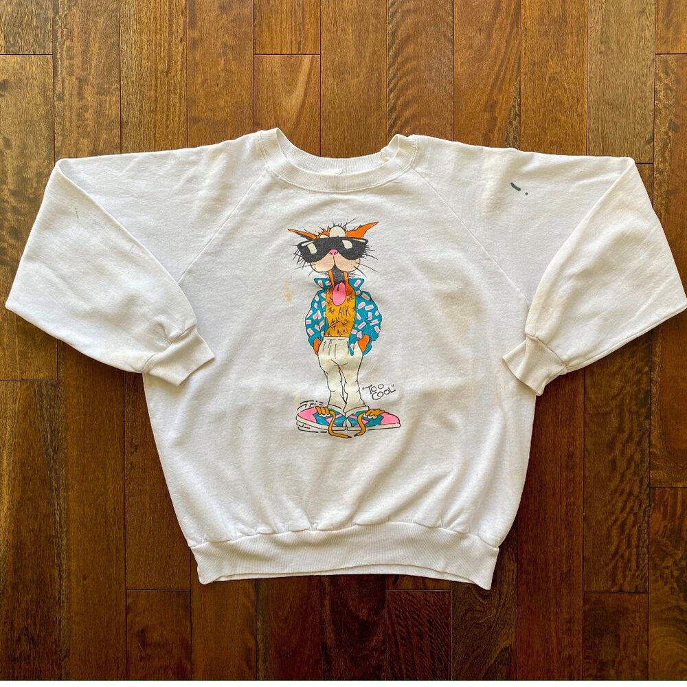 80s vintage COOL CAT graphic thrashed distressed faded cotton pullover sweater